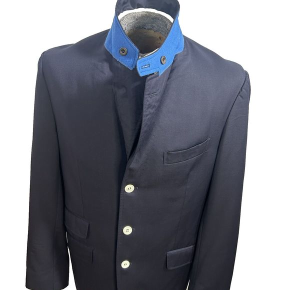 Etro Milano Italy Sz 52 IT 42 US Navy Blue 100 % Wool Jacket Blazer FLAW - Picture 9 of 16